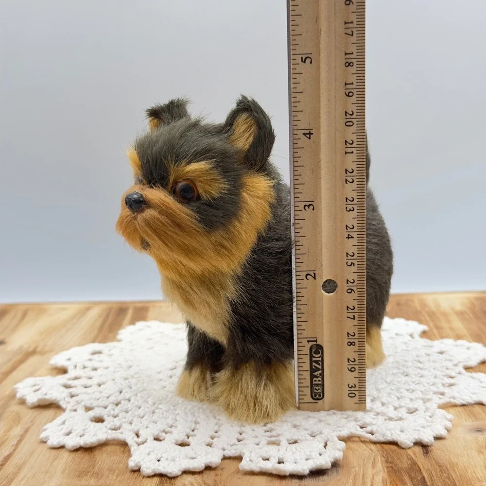 Yorkshire Terrier Dog Figurine Black Tan Realistic Faux Fur Vintage Decor Animal